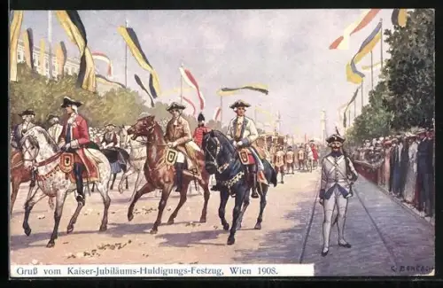 Künstler-AK Maria Spötl: Wien, Kaiserhuldigungsfestzug 1908, Soldaten in Uniformen des 18. Jahrhunderts