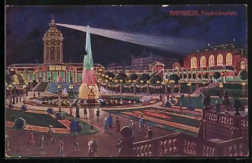 AK Mannheim, Friedrichsplatz mit nächtlicher Beleuchtung