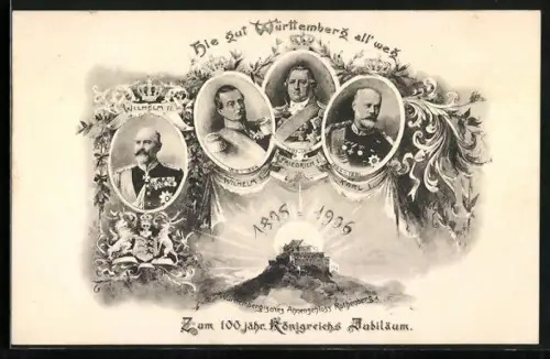 AK Könige von Württemberg, Portrait Karl I., Friedrich I., Wilhelm I. und Wilhelm II., Schloss Rothenberg