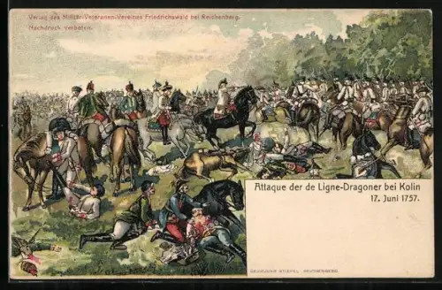 AK Portrait Kaiser Franz Josef I. von Österreich, Attacke der de Ligne-Dragoner bei Kolin 1757