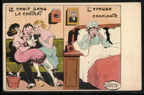 AK Ehegatte telefoniert im Beisein seiner zwei Geliebten mit seiner Frau, Erotik