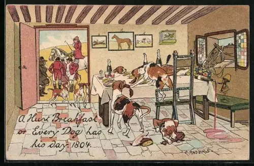 AK a Hurt Breakfast or Every Dog has his day, Jagdhunde u. Pferd fressen die Esswaren vom Tisch der Jäger