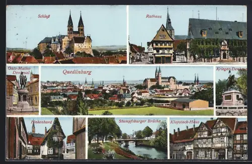 AK Quedlinburg, Schloss, Rathaus, Klopstock-Haus, Stumpfsburger Brücke, Krieger-Denkmal
