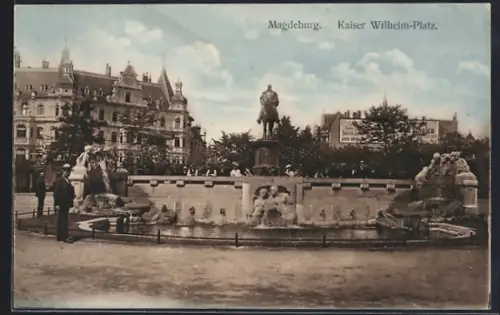 AK Magdeburg, Kaiser Wilhelm-Platz, Reiterdenkmal und Brunnen