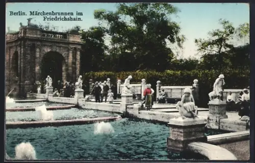 AK Berlin, Märchenbrunnen im Friedrichshain, Brunnenanlage, Skulpturen, Park