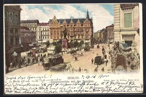 Lithographie Berlin, Alexanderplatz, Berolina-Statue, Strassenansicht