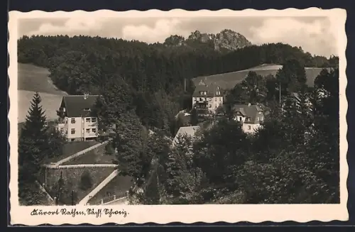 AK Rathen /Sa., Blick auf Ort und Felsen