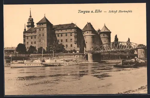 AK Torgau a. Elbe, Schloss Hartenfels, Elbbrücke, Dampfschiff