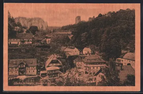 AK Rathen /Sächsische Schweiz, Ortsansicht mit Fachwerkhäusern und Felsen