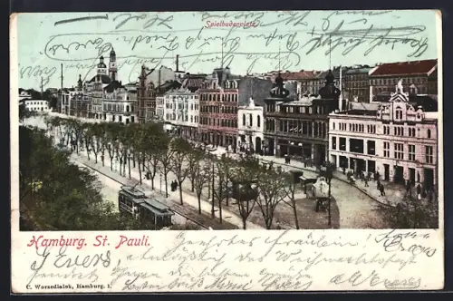 AK Hamburg-St. Pauli, Spielbudenplatz, Strassenbahn, historische Gebäude