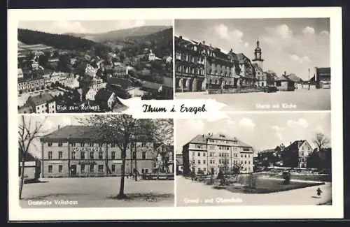 AK Thum i. Erzgeb., Blick zum Rathaus, Markt mit Kirche, Gaststätte Volkshaus, Grund- und Oberschule