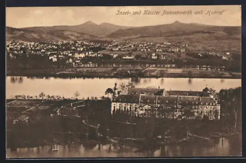 AK Honnef, Insel- und Kloster Nonnenwerth, Rhein- u. Ortsansicht