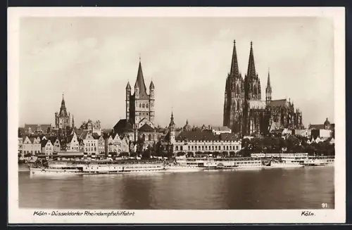 AK Köln, Rheinpanorama mit Kölner Dom und Rheindampfschifffahrt