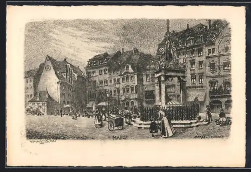 Künstler-AK Mainz, Marktbrunnen und Markt mit Häusern