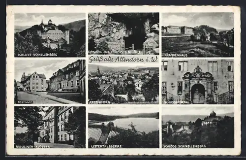 AK Attendorn i. W., Schloss Schnellenberg, Tropfsteinhöhle, Krankenhaus