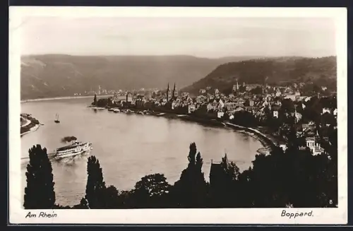 AK Boppard, Rheinpanorama mit Dampfer