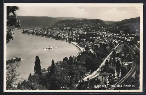 AK Boppard, Ortsansicht mit Rheinpanorama, Dampfer