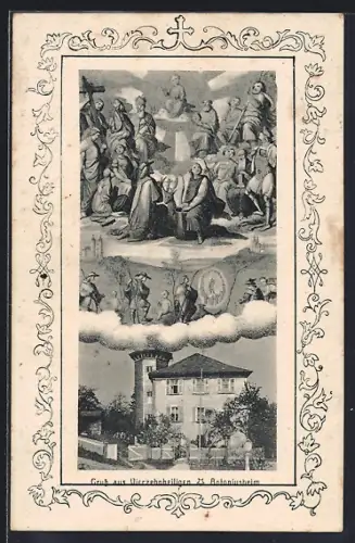 Künstler-AK Vierzehnheiligen / Lichtenfels, Antoniusheim, Heilige auf Wolke, verzierter Rahmen