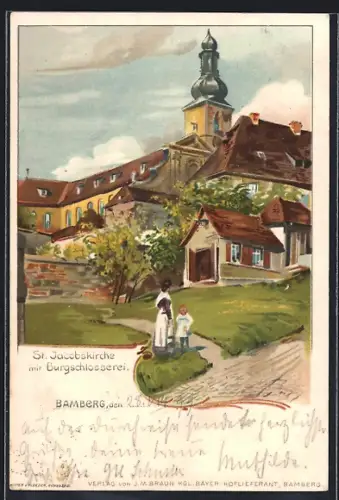 Lithographie Bamberg, St. Jacobskirche mit Burgschlosserei