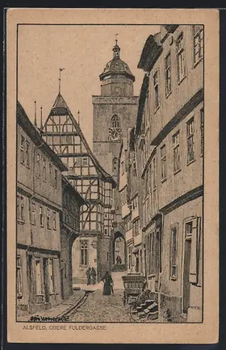 Künstler-AK Alsfeld, Strasse obere Fuldergasse mit Tor