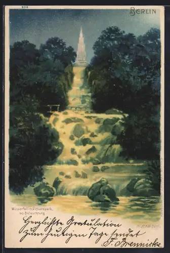 Künstler-AK Berlin-Kreuzberg, Wassersturz im Victoriapark bei Beleuchtung