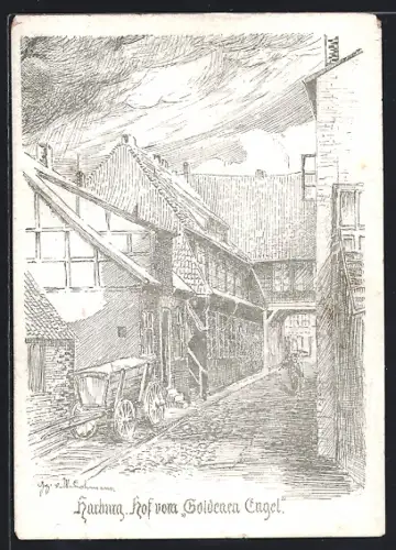 Künstler-AK Harburg, Hof vom Gasthaus Goldener Engel