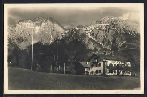 AK Schönau bei Berchtesgaden, Hotel Samerllehen gegen das Hochgebirge