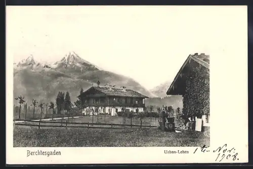 AK Berchtesgaden, Hotel Urban-Lehen gegen die Berge
