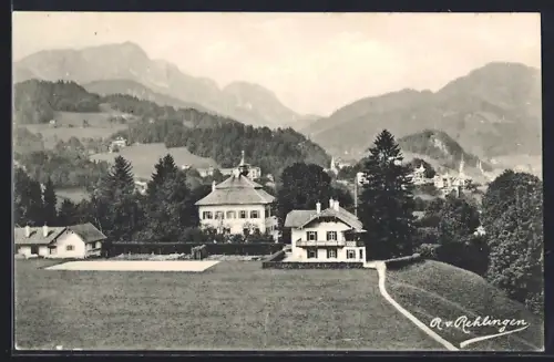 AK Berchtesgaden, Hotel von Maffei`sches Schlösschen Lustheim gegen die Berge