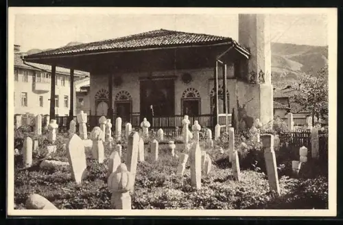 AK Sarajevo, Friedhof mit Grabsteinen und Gebäude