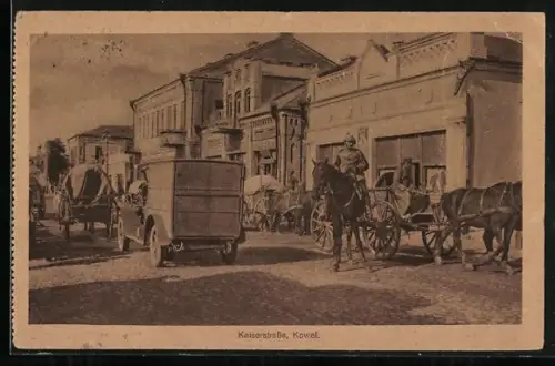 AK Kowel, Pferdegespann mit dt. Soldaten in der Kaiserstrasse