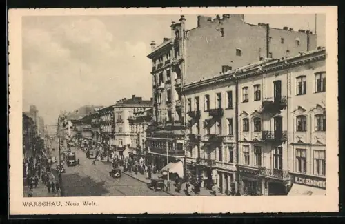 AK Warschau-Warszawa, Strassenleben mit Neue Welt und Strassenbahn