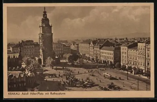 AK Krakau-Krakow, Platz mit Rathausturm