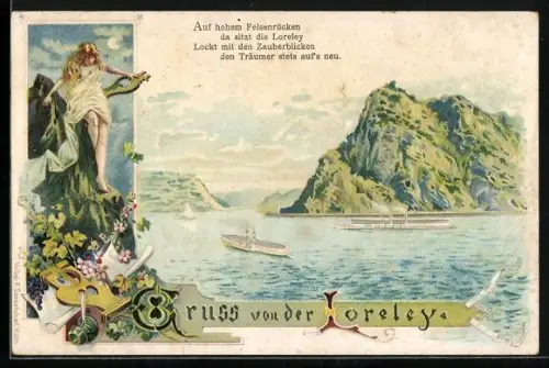 AK Loreley steigt von ihrem Felsen herab, Ansicht des Rheins