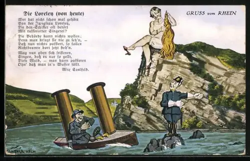 Künstler-AK Loreley sitzt auf ihrem Felsen und kämmt die blonde Perücke, während im Rhein ein Dampfer versinkt