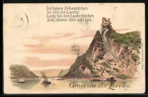 Lithographie Loreley, Auf hohem Felsenrücken da sitzt die Loreley...