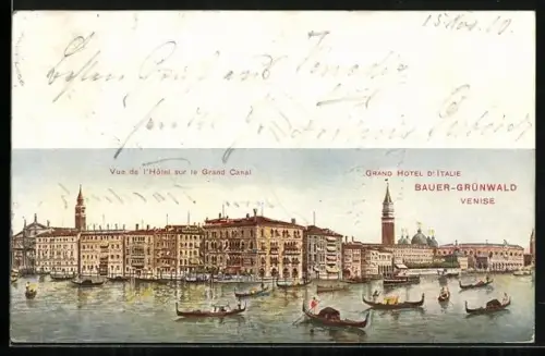 Künstler-AK Venise, Grand Hotel d`Italie, Vue del`Hôtel sur le Grand Canal