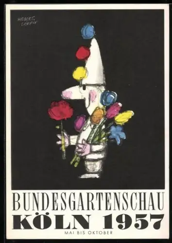AK Köln, Bundesgartenschau 1957, Clown mit Blumen