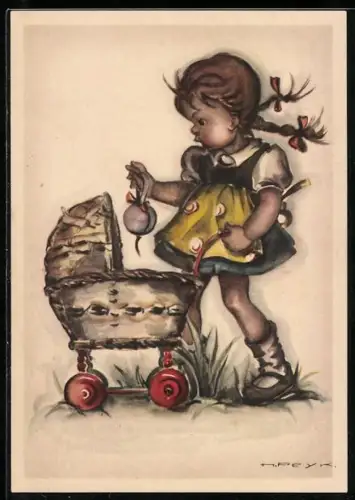 Künstler-AK Hilla Peyk: Kleines Mädchen mit Puppenwagen