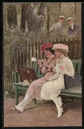 Künstler-AK R. Borrmeister: Blumenorakel, zwei Mädchen auf einer Bank werden von Jungen beobachtet