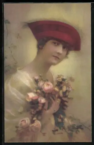 Künstler-AK Meissner & Buch (M&B) Nr. 2526: Dame mit Hut und Rosen