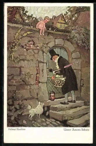 Künstler-AK Helmut Skarbina: Amor beobachtet den heimkehrenden Mann, Unter Amors Schutz