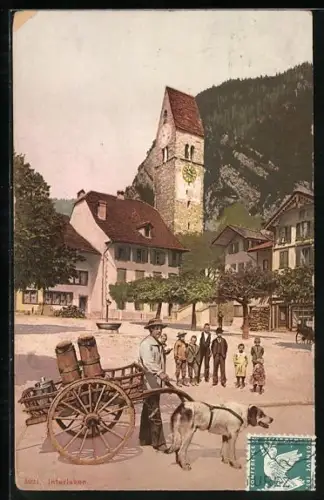 AK Unterseen, Mann mit Hundegespann auf dem Marktplatz