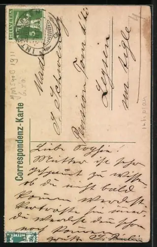 AK Unterseen, Mann mit Hundegespann auf dem Marktplatz