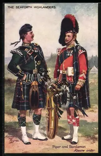 Künstler-AK Harry Payne: Seaforth Highlanders, Piper and Bandsman