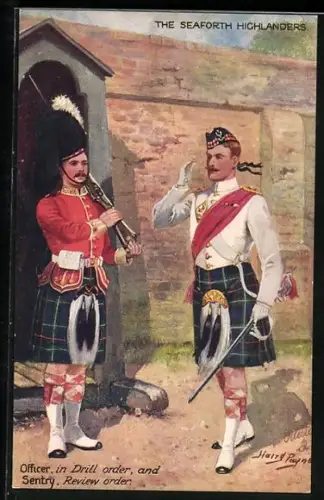 Künstler-AK Harry Payne: The Seaforth Highlanders, Officer in drill order and Sentry Review Order