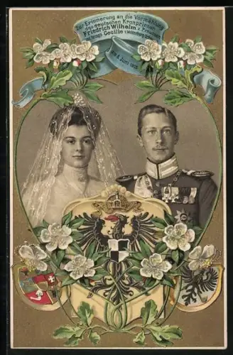 AK Kronprinz Wilhelm von Preussen mit Herzogin Cecilie v.Meklenburg-Schwerin, Erinnerung a.d.Vermählung 1905, Wappen