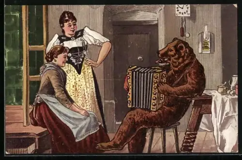 AK Bär spielt für zwei Frauen Akkordeon, vermenschlichte Tiere