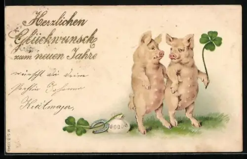AK Zwei Schweinchen mit Geldsäcken und Kleeblättern, Neujahrsgruss, vermenschlichte Tiere