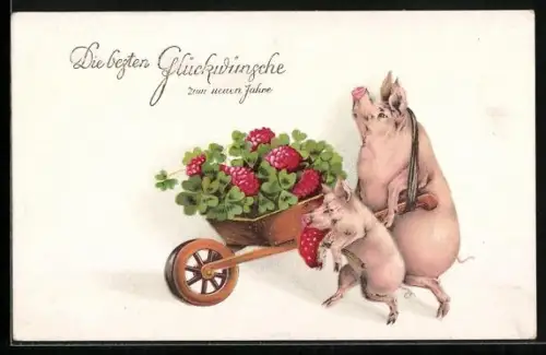 AK Schwein und Ferkel mit Kleeblättern auf Karren, Neujahrsgruss, vermenschlichte Tiere